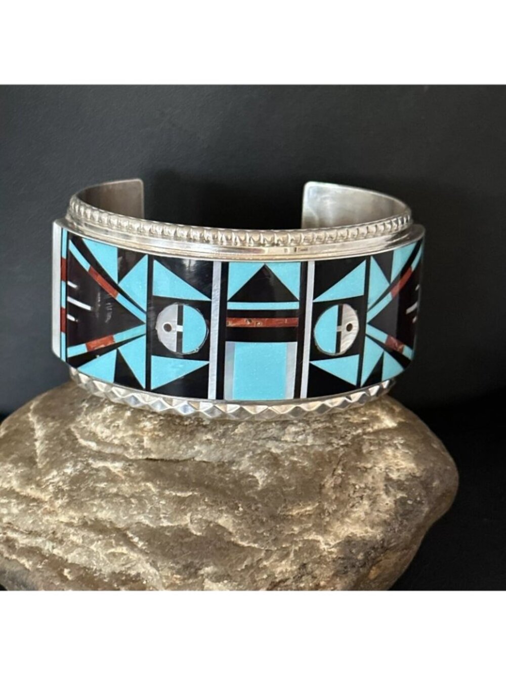 Zuni Mens Sterling Silver Turquoise Inlay Cuff Bracelet Native American